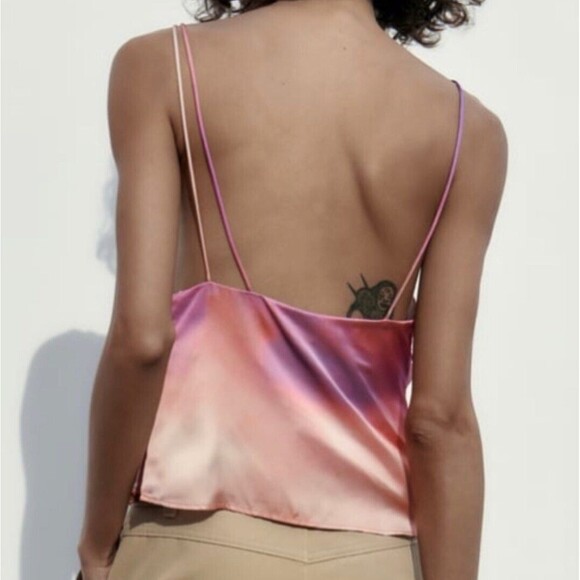 NWT Zara Asymmetric Purple Pink Ombre Print Top Spaghetti Straps Women’s Medium - Picture 4 of 13